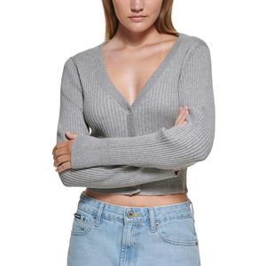 DKNY Jeans Womens Gray Cropped Layering Top Cardigan Sweater Shirt NWT
